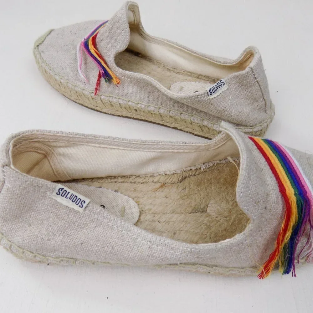 new! soludos espadrilles slip ons smoking flat loafer rainbow striped fringe